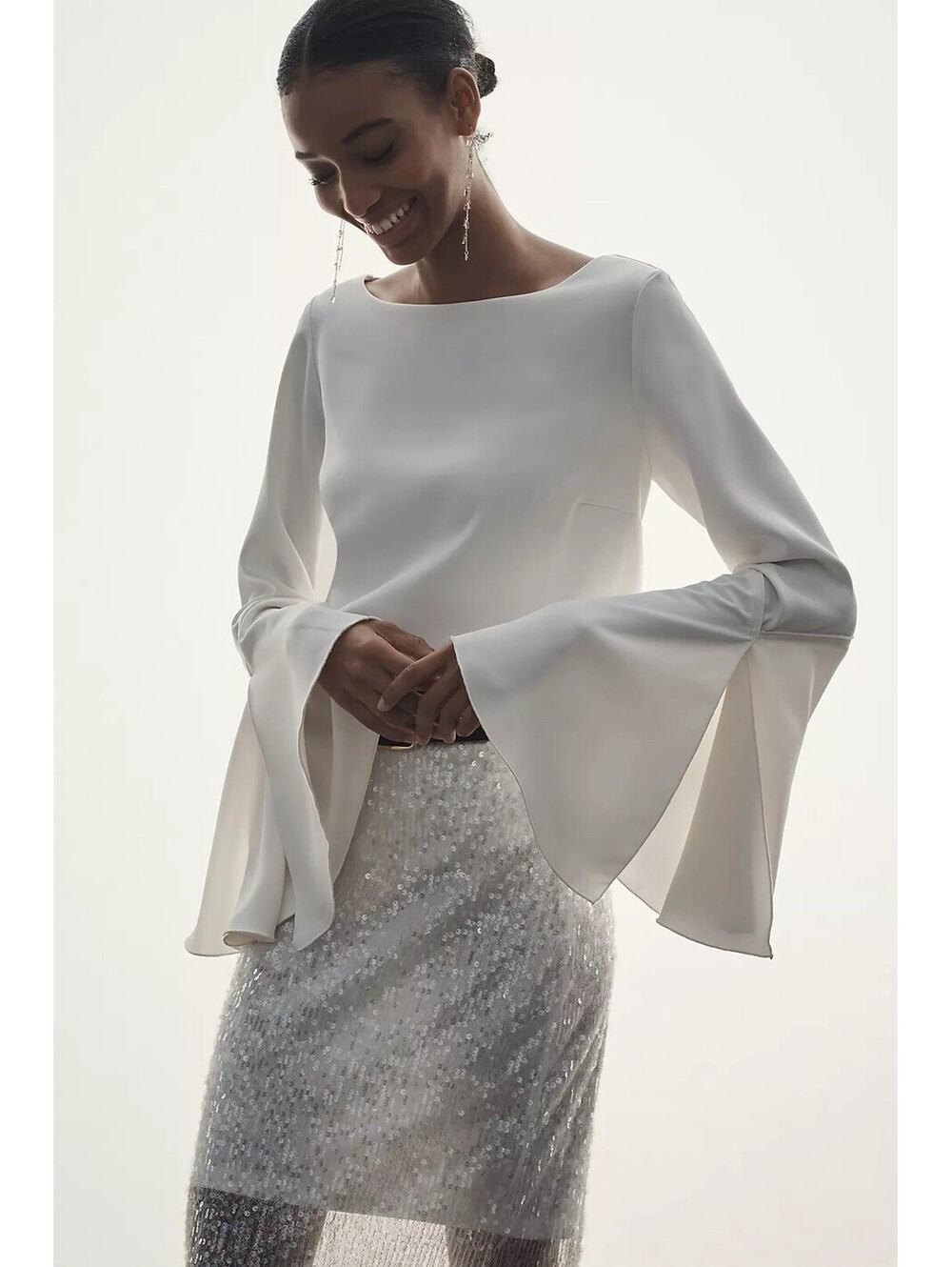 ANTHROPOLOGIE Women’s Bell-Sleeve Crepe Blouse In Cream-Size XS